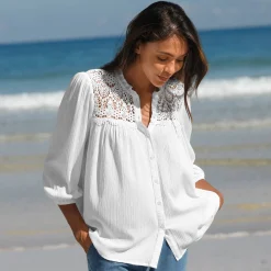 Bloes En Tuniek<Blancheporte Bloes met knoopsluiting en macramé, kraagje met stroken wit
