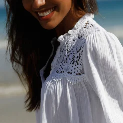 Bloes En Tuniek<Blancheporte Bloes met knoopsluiting en macramé, kraagje met stroken wit