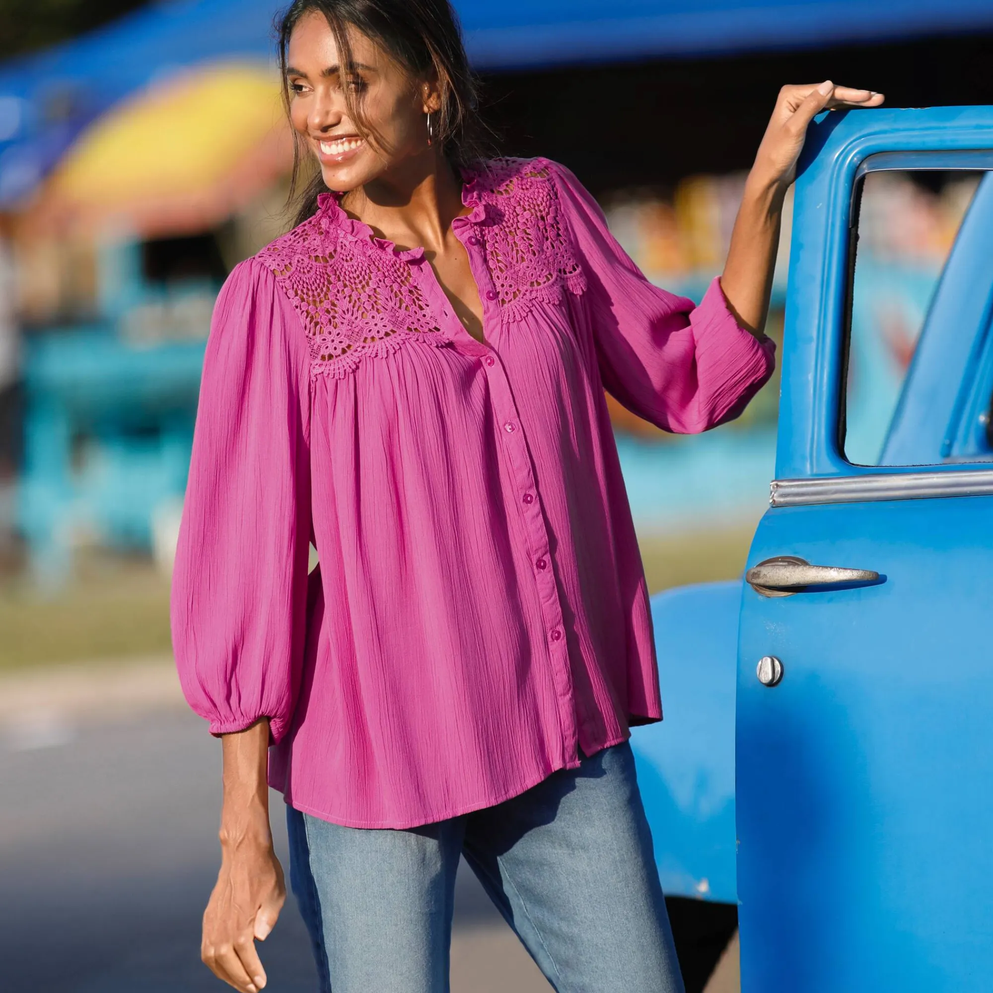 Bloes En Tuniek<Blancheporte Bloes met knoopsluiting en macramé, kraagje met stroken Indisch roze