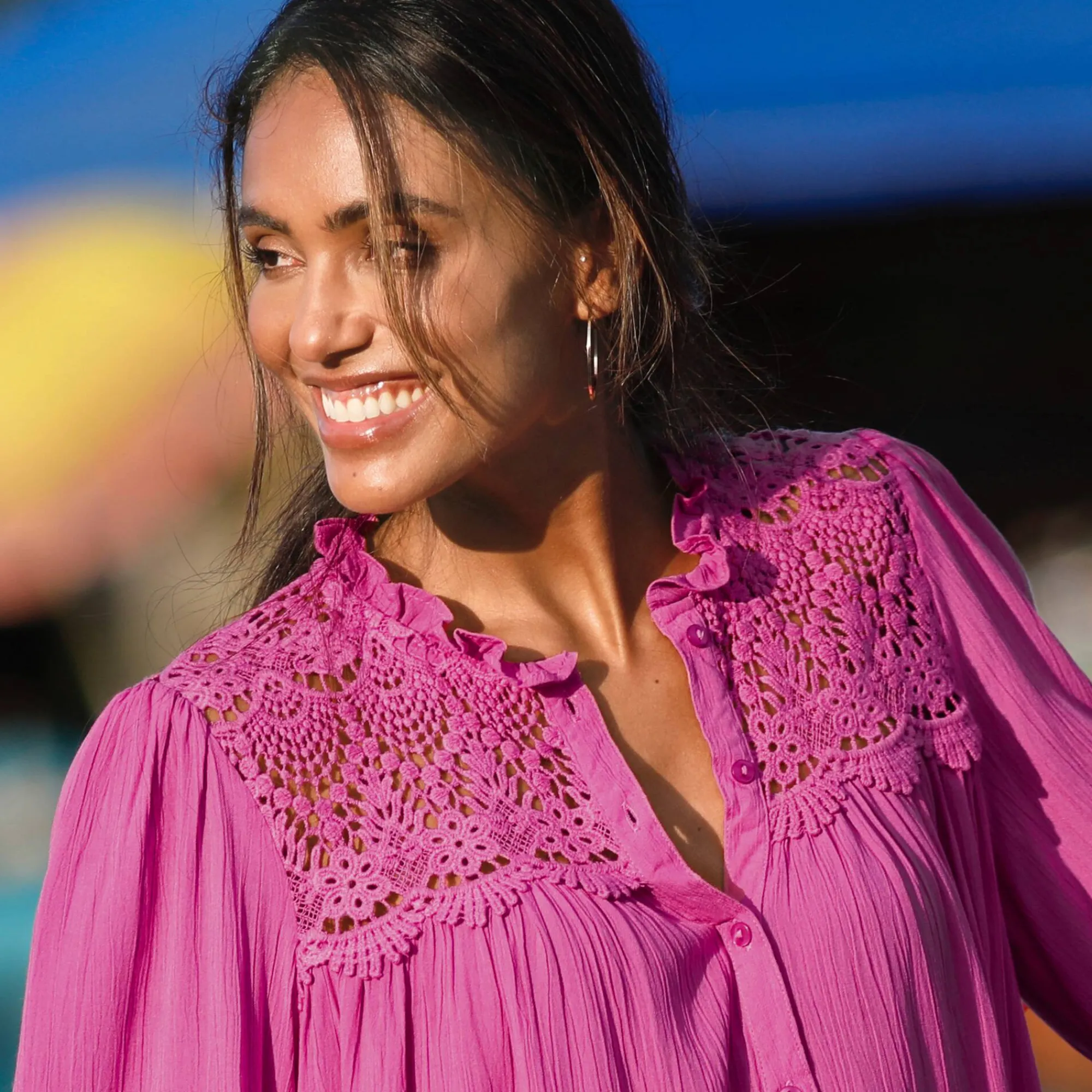 Bloes En Tuniek<Blancheporte Bloes met knoopsluiting en macramé, kraagje met stroken Indisch roze
