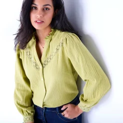 Bloes En Tuniek<Blancheporte Bloes met knoopsluiting en macramé, katoengaas mosgroen