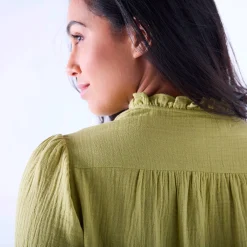 Bloes En Tuniek<Blancheporte Bloes met knoopsluiting en macramé, katoengaas mosgroen