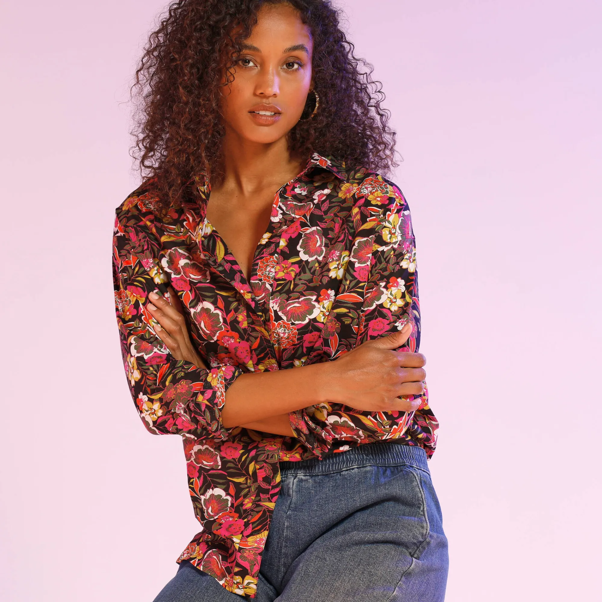 Bloes En Tuniek<Blancheporte Bloes met knoopsluiting met bloemenprint, gerecycleerd polyester(**) zwart / fuchsia