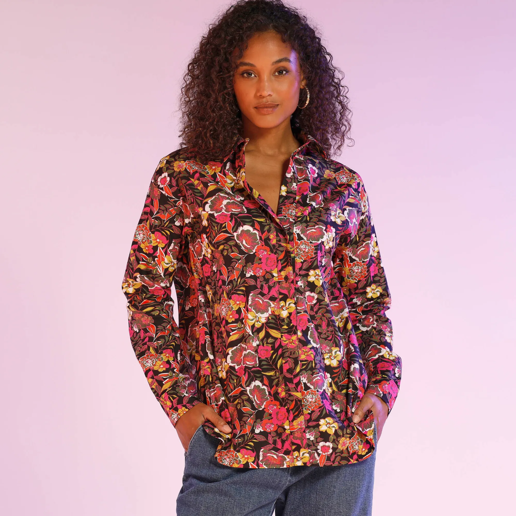Bloes En Tuniek<Blancheporte Bloes met knoopsluiting met bloemenprint, gerecycleerd polyester(**) zwart / fuchsia