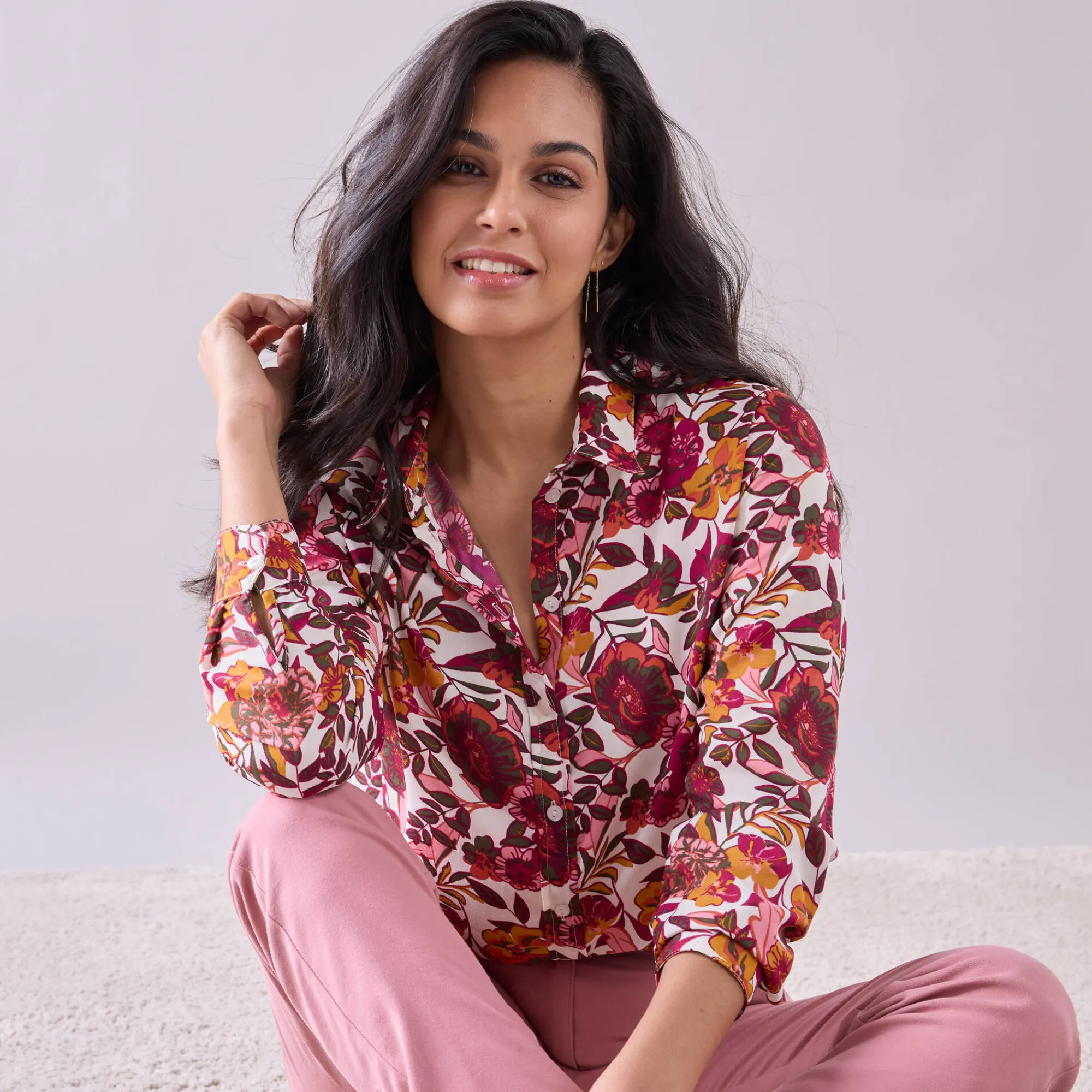 Bloes En Tuniek<Blancheporte Bloes met knoopsluiting met bloemenprint, gerecycleerd polyester(**) ecru / pruim