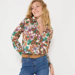 Bloes En Tuniek<Blancheporte Bloes met knoopsluiting met bloemenprint, gerecycleerd polyester(**) wit / karamel