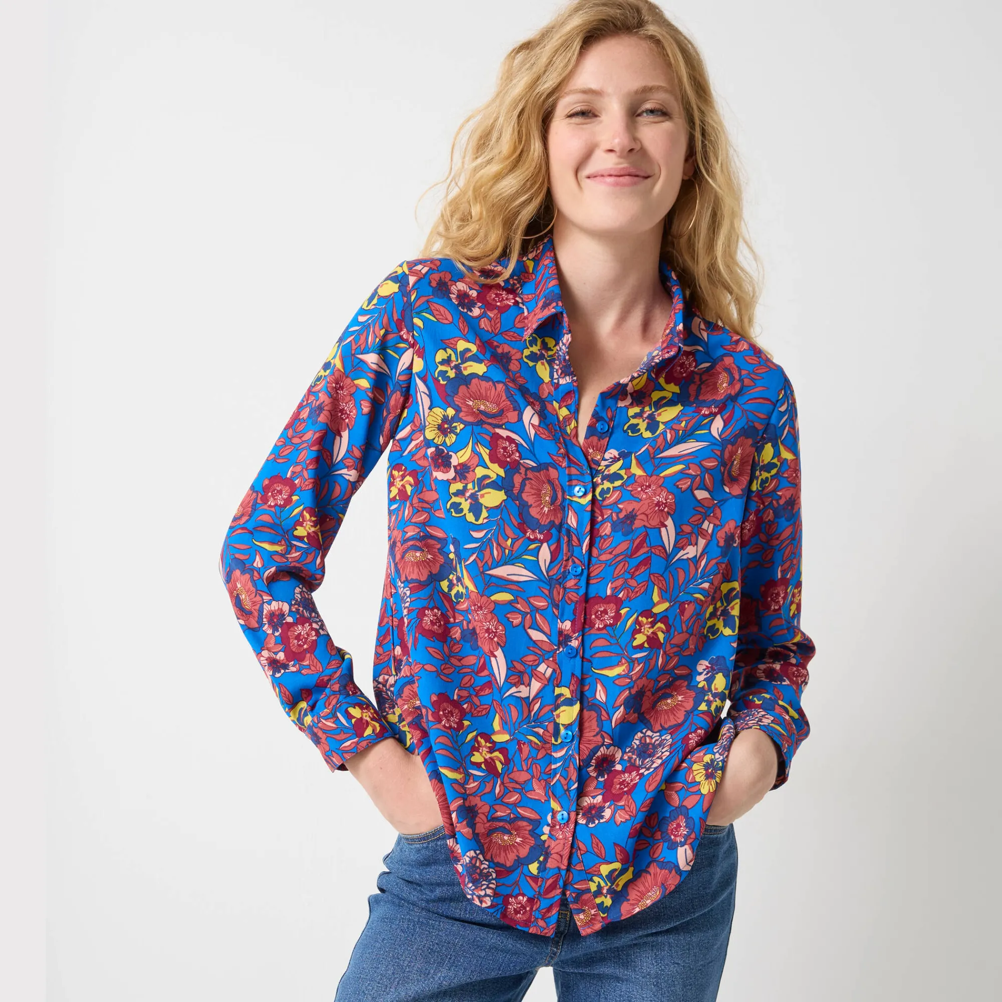Bloes En Tuniek<Blancheporte Bloes met knoopsluiting met bloemenprint, gerecycleerd polyester(**) blauw / roze