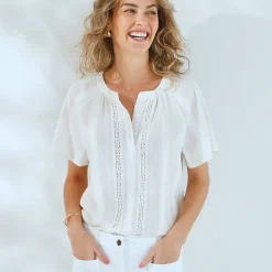 Jurk|Bloes En Tuniek<Blancheporte Bloes met korte mouwen, afgewerkt met macramé, effen ecru