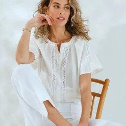 Jurk|Bloes En Tuniek<Blancheporte Bloes met korte mouwen, afgewerkt met macramé, effen ecru