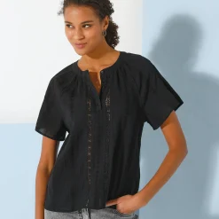 Bloes En Tuniek<Blancheporte Bloes met korte mouwen, afgewerkt met macramé, effen zwart