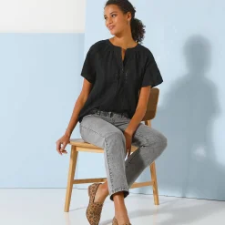 Bloes En Tuniek<Blancheporte Bloes met korte mouwen, afgewerkt met macramé, effen zwart