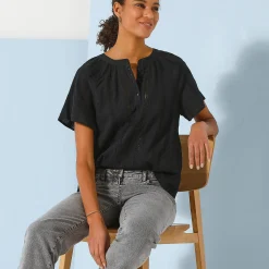 Bloes En Tuniek<Blancheporte Bloes met korte mouwen, afgewerkt met macramé, effen zwart