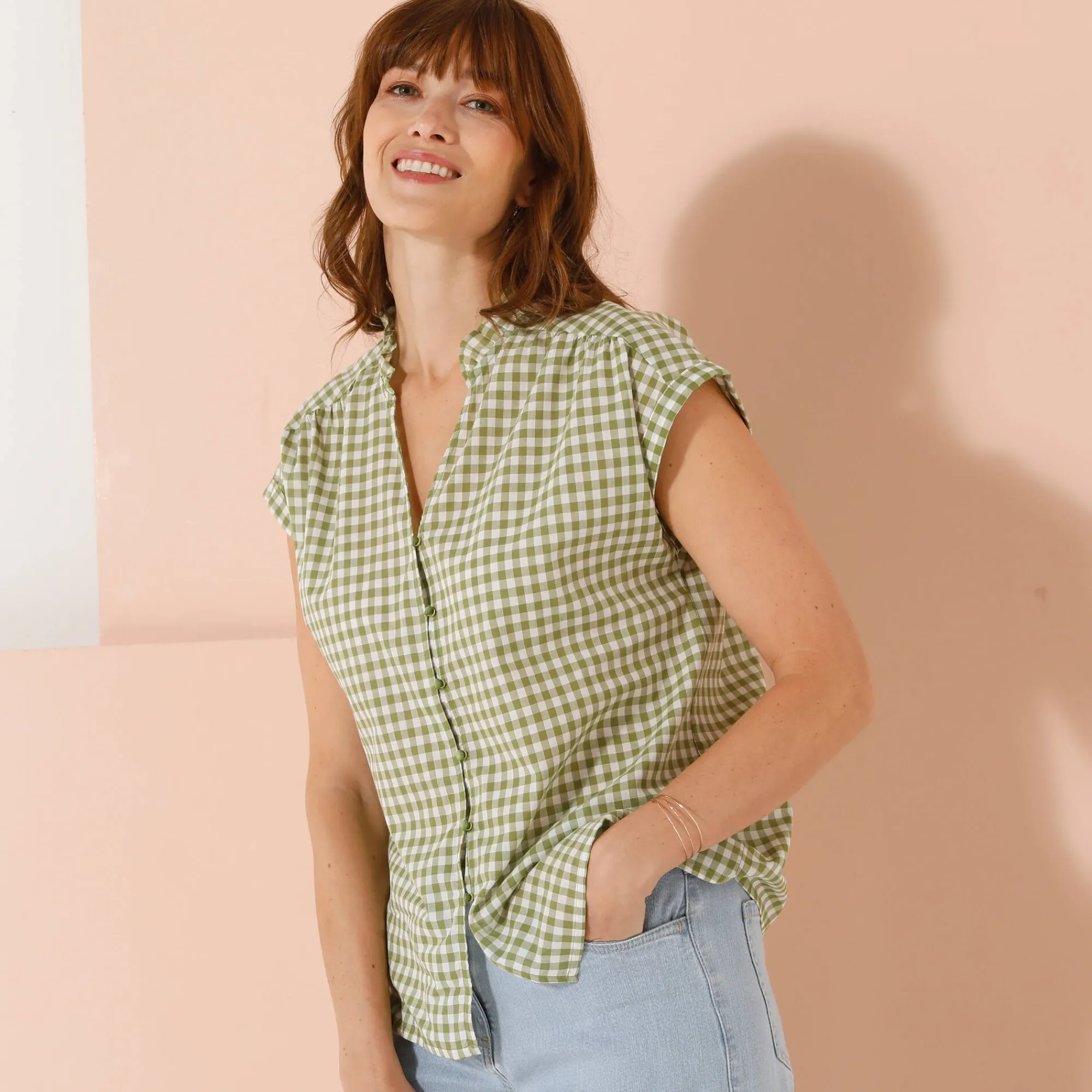 Bloes En Tuniek<Blancheporte Bloes met korte mouwen, kraag met stroken en vichyruitjes mosgroen