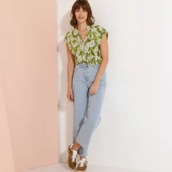 Bloes En Tuniek<Blancheporte Bloes met korte mouwen, kraag met stroken, bloemenprint mosgroen