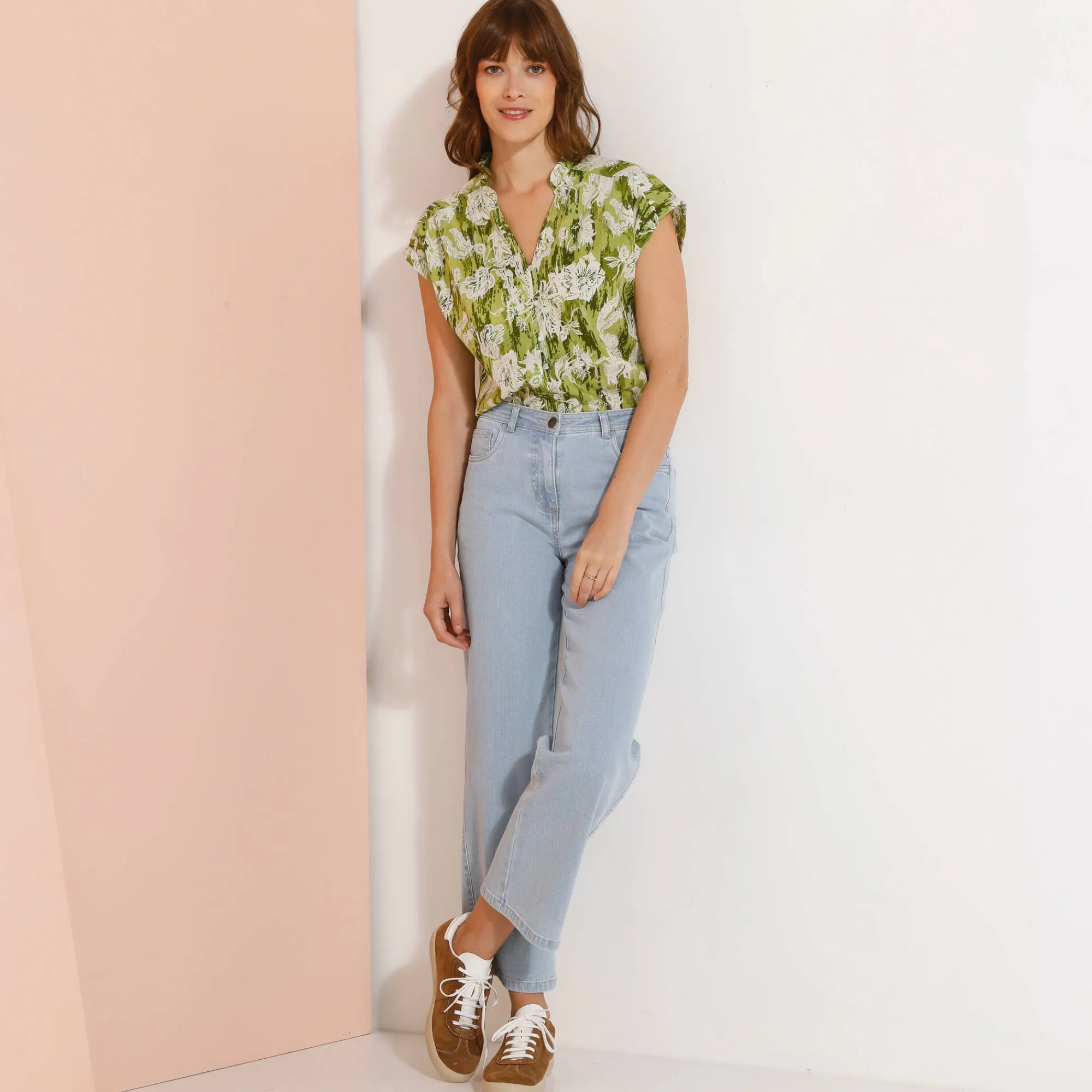 Bloes En Tuniek<Blancheporte Bloes met korte mouwen, kraag met stroken, bloemenprint mosgroen