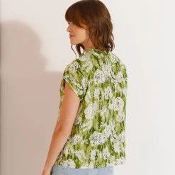 Bloes En Tuniek<Blancheporte Bloes met korte mouwen, kraag met stroken, bloemenprint mosgroen