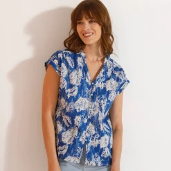 Bloes En Tuniek<Blancheporte Bloes met korte mouwen, kraag met stroken, bloemenprint blauw