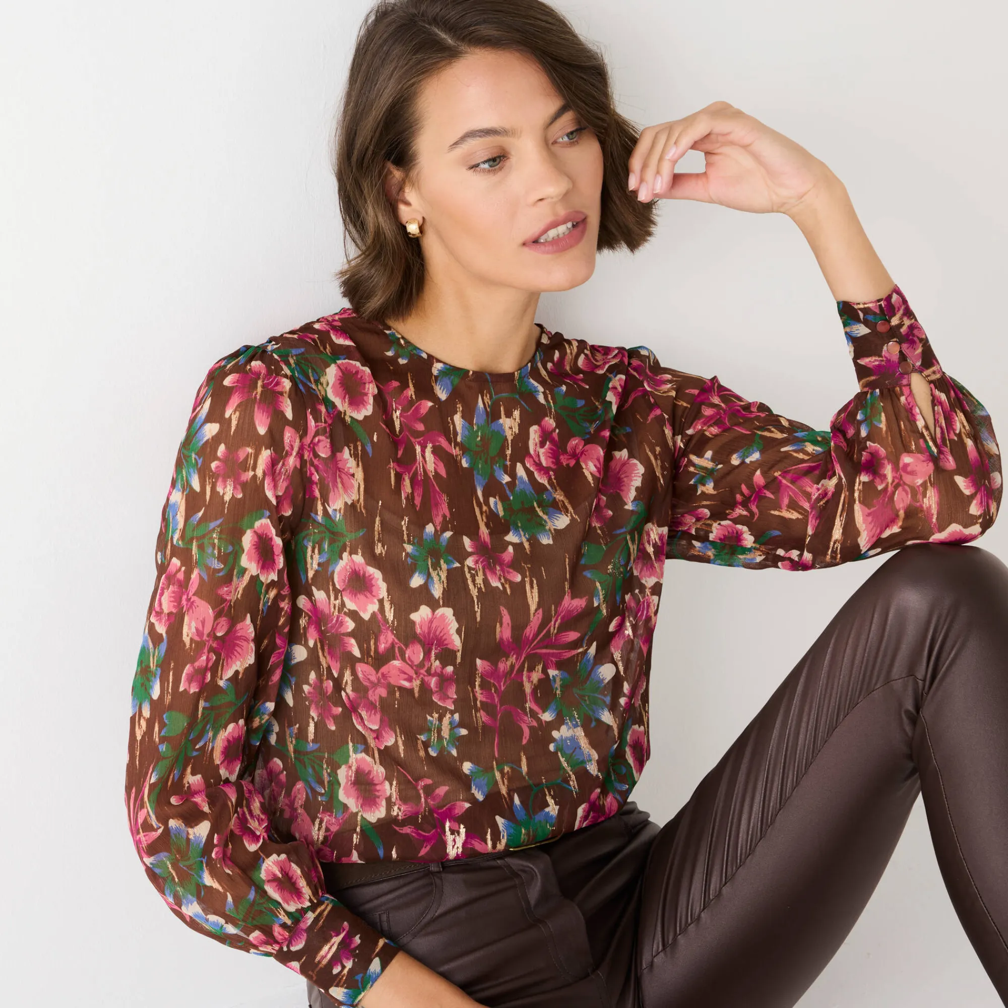 Feestoutfits Dames|Bloes En Tuniek<Blancheporte Bloes met lange mouwen, bloemen- en goudkleurige print chocolade / roze