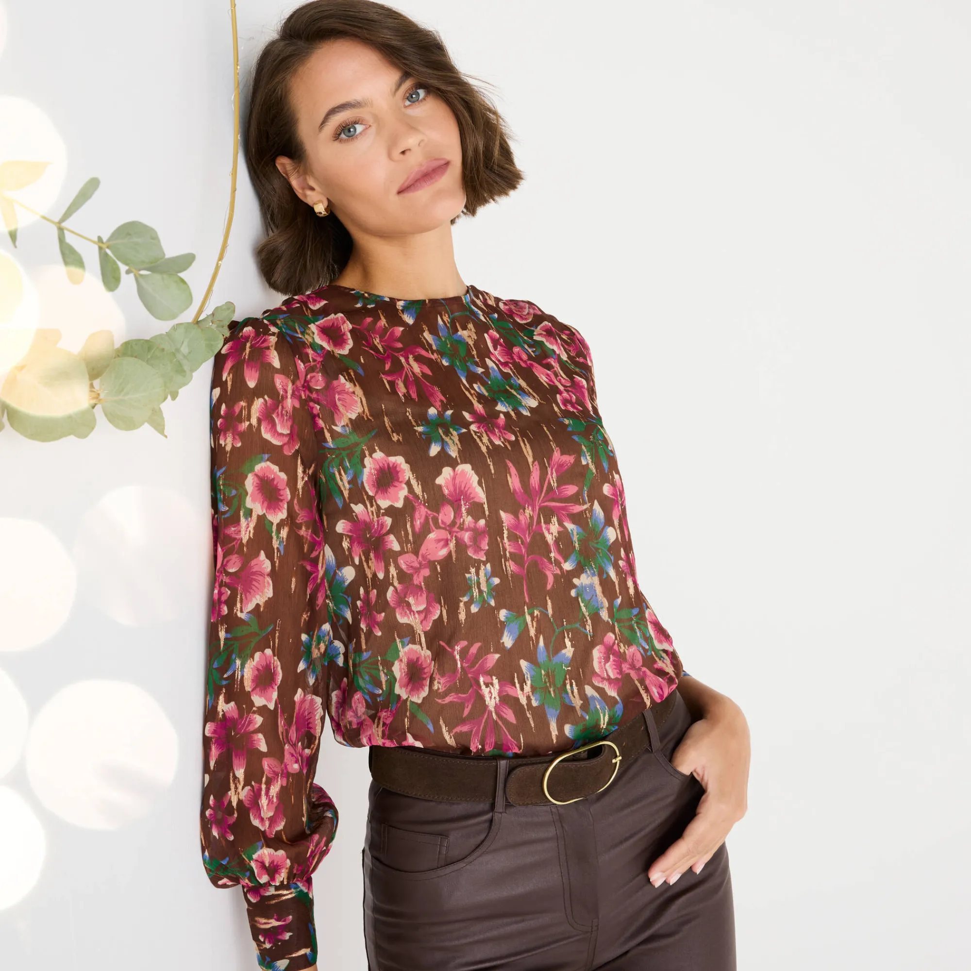 Feestoutfits Dames|Bloes En Tuniek<Blancheporte Bloes met lange mouwen, bloemen- en goudkleurige print chocolade / roze