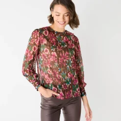 Feestoutfits Dames|Bloes En Tuniek<Blancheporte Bloes met lange mouwen, bloemen- en goudkleurige print chocolade / roze