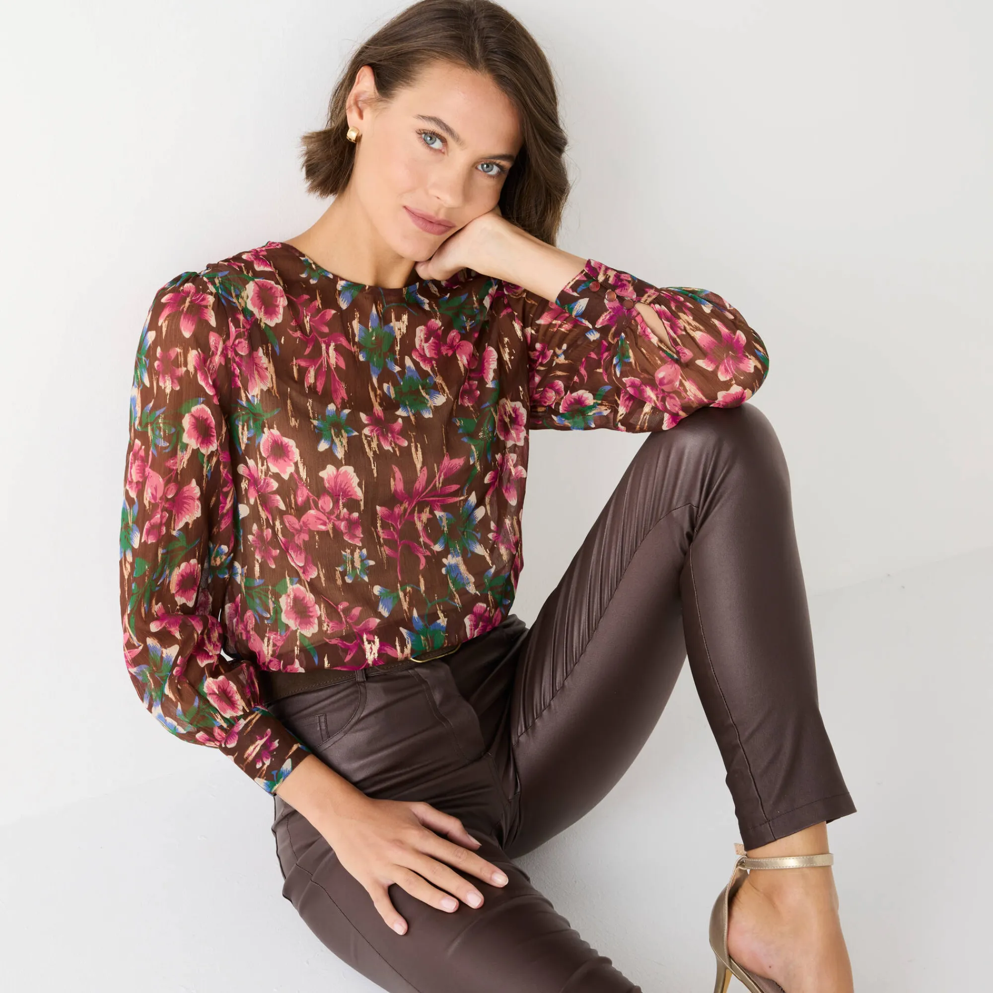 Feestoutfits Dames|Bloes En Tuniek<Blancheporte Bloes met lange mouwen, bloemen- en goudkleurige print chocolade / roze