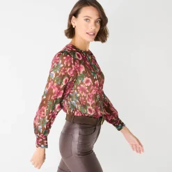 Feestoutfits Dames|Bloes En Tuniek<Blancheporte Bloes met lange mouwen, bloemen- en goudkleurige print chocolade / roze