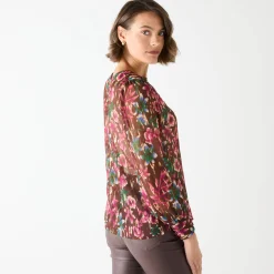 Feestoutfits Dames|Bloes En Tuniek<Blancheporte Bloes met lange mouwen, bloemen- en goudkleurige print chocolade / roze