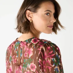 Feestoutfits Dames|Bloes En Tuniek<Blancheporte Bloes met lange mouwen, bloemen- en goudkleurige print chocolade / roze