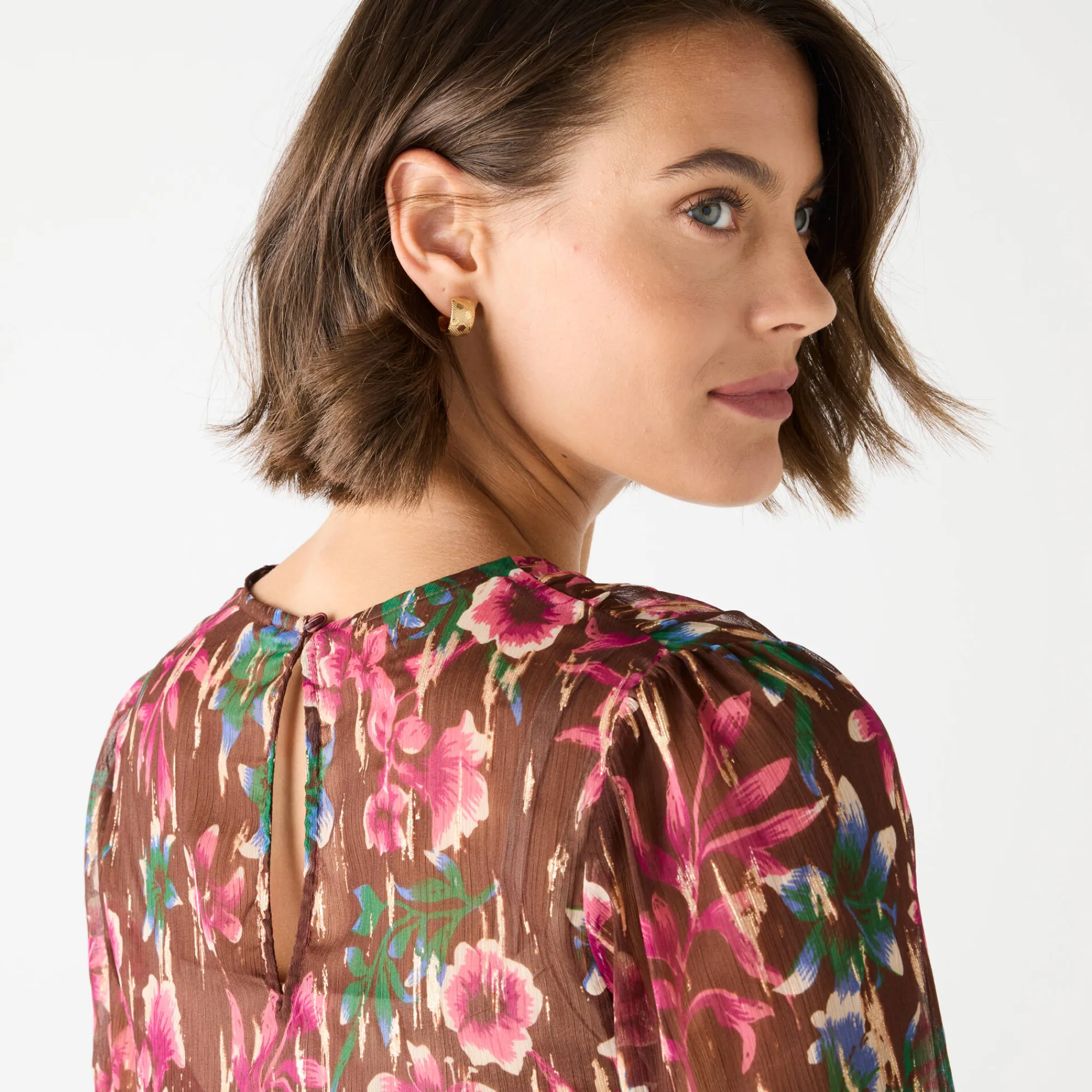 Feestoutfits Dames|Bloes En Tuniek<Blancheporte Bloes met lange mouwen, bloemen- en goudkleurige print chocolade / roze