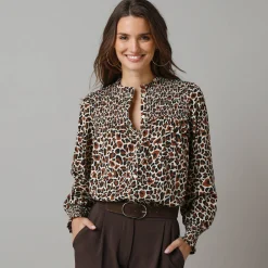 Bloes En Tuniek<Lora Zellini Bloes met luipaardprint, details in smokwerk karamel / zwart