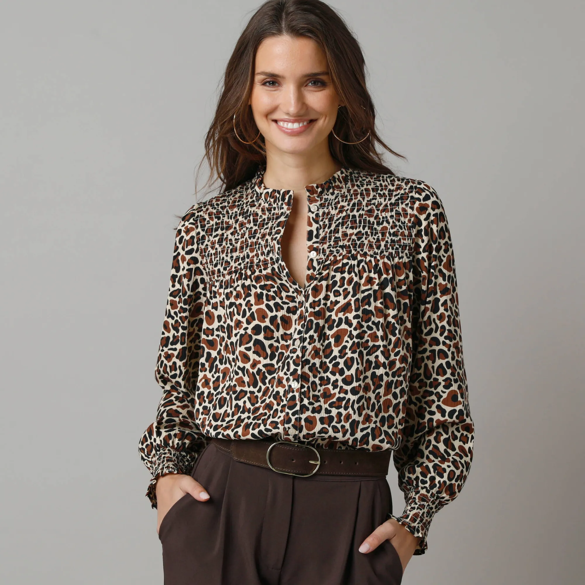 Bloes En Tuniek<Lora Zellini Bloes met luipaardprint, details in smokwerk karamel / zwart