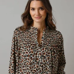 Bloes En Tuniek<Lora Zellini Bloes met luipaardprint, details in smokwerk karamel / zwart