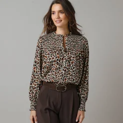 Bloes En Tuniek<Lora Zellini Bloes met luipaardprint, details in smokwerk karamel / zwart