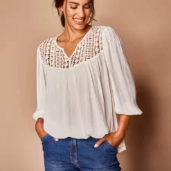 Bloes En Tuniek<Blancheporte Bloes met macramé en 3/4-mouwen wit