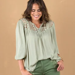 Bloes En Tuniek<Blancheporte Bloes met macramé en 3/4-mouwen lichtkaki