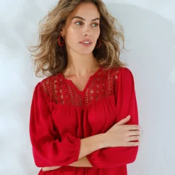 Bloes En Tuniek<Blancheporte Bloes met macramé en 3/4-mouwen framboos