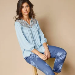 Bloes En Tuniek<Blancheporte Bloes met macramé en 3/4-mouwen hemelsblauw