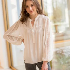 Bloes En Tuniek<Blancheporte Bloes met officierskraag en macramé, soepele crepon gebroken wit
