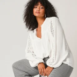 Bloes En Tuniek<Blancheporte Bloes met officierskraag en macramé, soepele crepon gebroken wit