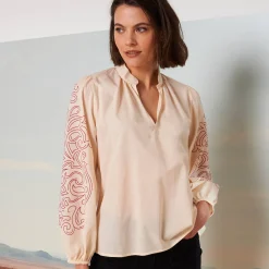 Bloes En Tuniek<Blancheporte Bloes met opstaande hals, bedrukte bloezende mouwen beige / bordeaux