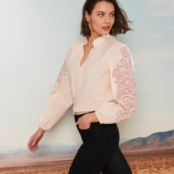 Bloes En Tuniek<Blancheporte Bloes met opstaande hals, bedrukte bloezende mouwen beige / bordeaux