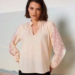 Bloes En Tuniek<Blancheporte Bloes met opstaande hals, bedrukte bloezende mouwen beige / bordeaux