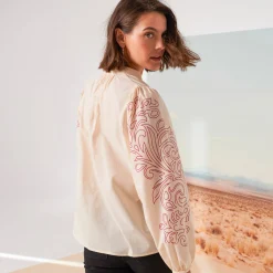 Bloes En Tuniek<Blancheporte Bloes met opstaande hals, bedrukte bloezende mouwen beige / bordeaux