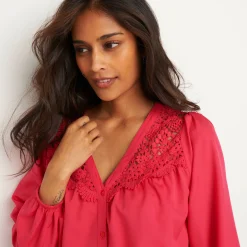 Bloes En Tuniek<Blancheporte Bloes met pasje in geschulpt macramé, bloezende mouwen framboos