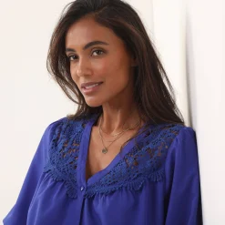 Feestoutfits Dames|Bloes En Tuniek<Blancheporte Bloes met pasje in geschulpt macramé, bloezende mouwen inktblauw