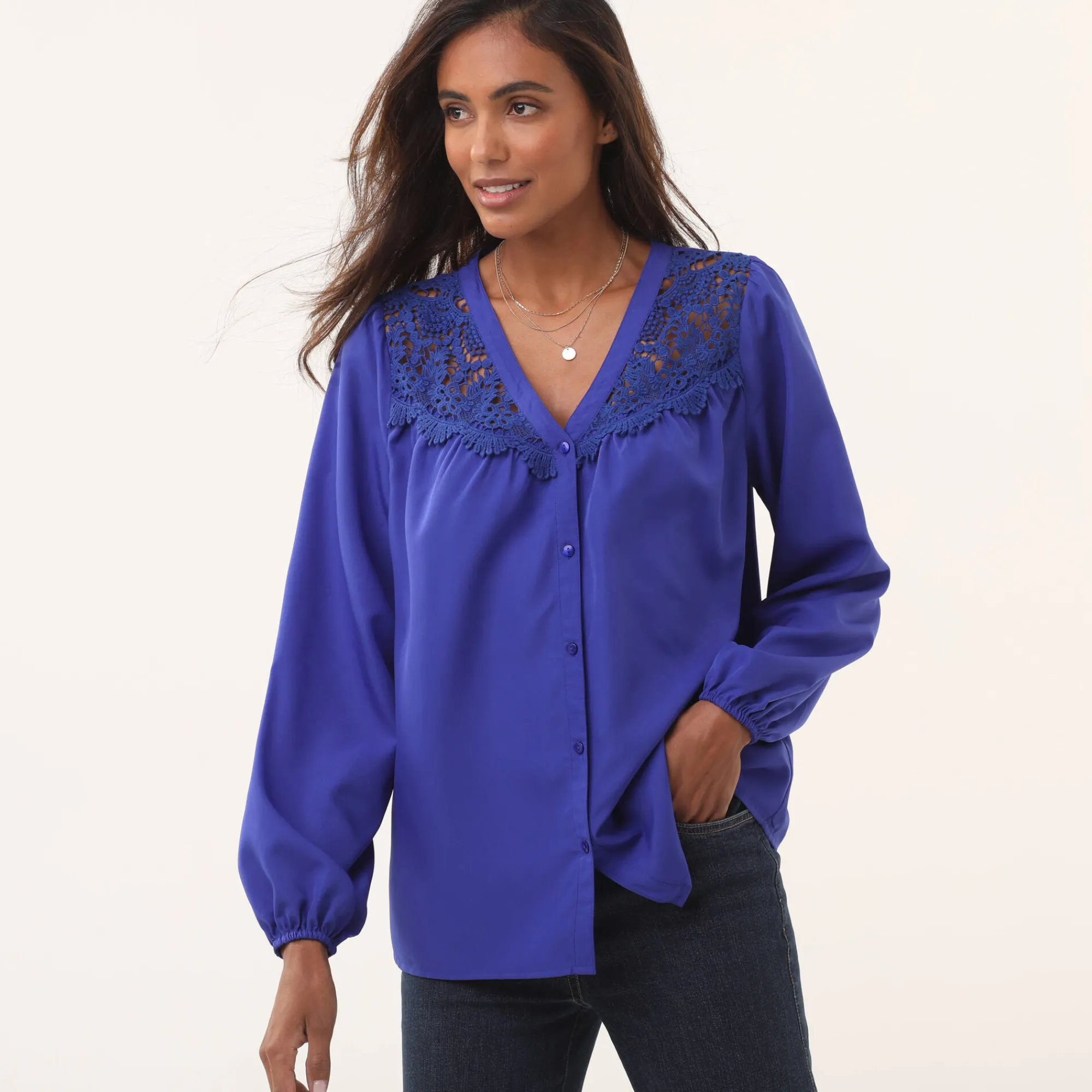 Feestoutfits Dames|Bloes En Tuniek<Blancheporte Bloes met pasje in geschulpt macramé, bloezende mouwen inktblauw