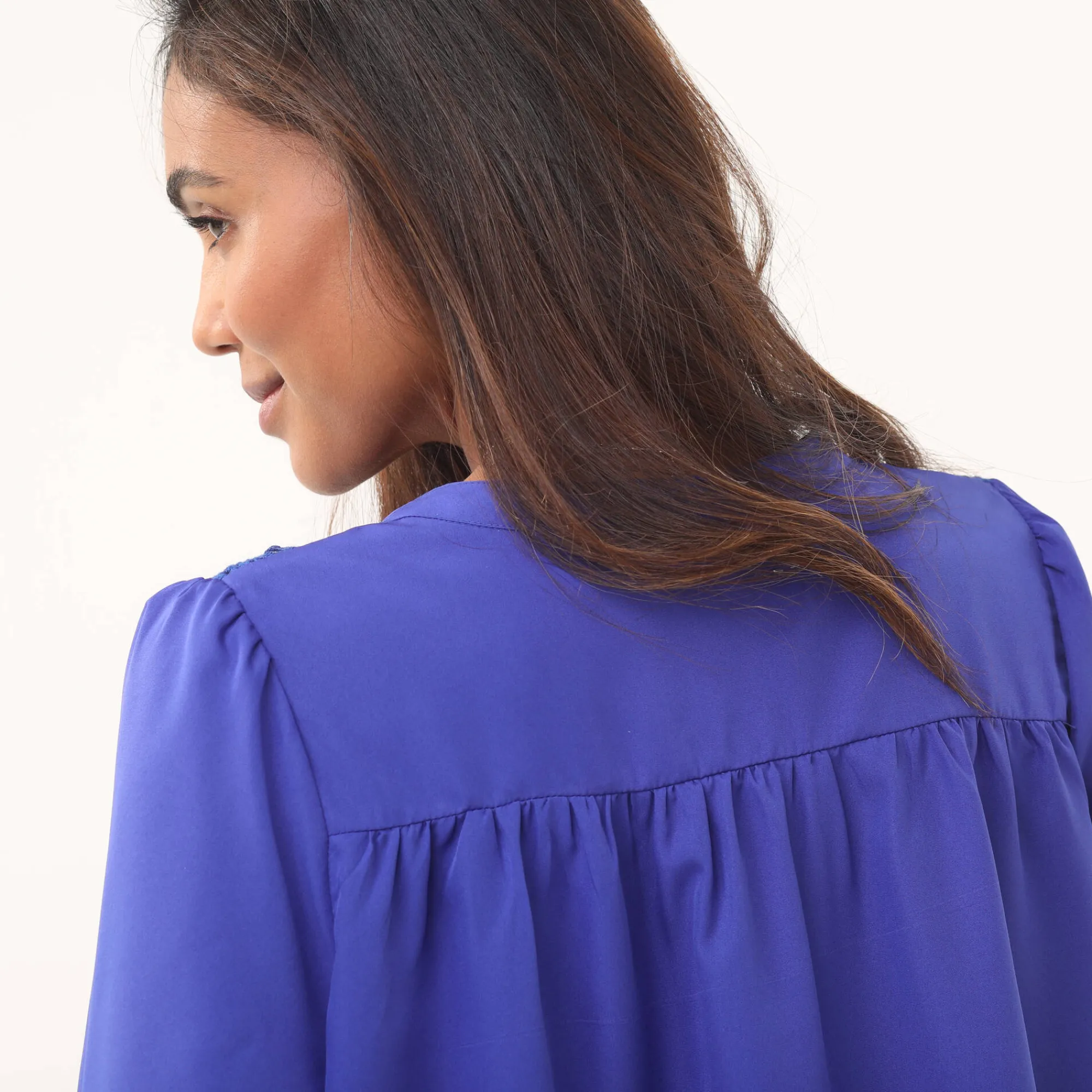 Feestoutfits Dames|Bloes En Tuniek<Blancheporte Bloes met pasje in geschulpt macramé, bloezende mouwen inktblauw