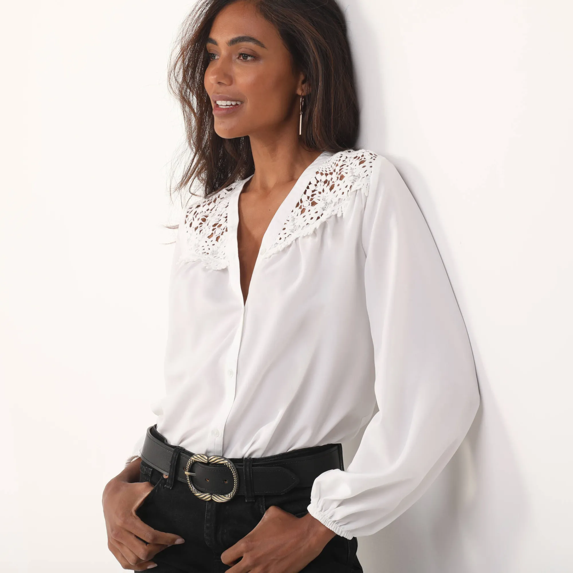 Feestoutfits Dames|Bloes En Tuniek<Blancheporte Bloes met pasje in geschulpt macramé, bloezende mouwen gebroken wit