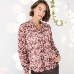Feestoutfits Dames|Bloes En Tuniek<Blancheporte Bloes met plissé en bloemenprint, in voile roze / chocolade