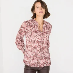 Feestoutfits Dames|Bloes En Tuniek<Blancheporte Bloes met plissé en bloemenprint, in voile roze / chocolade